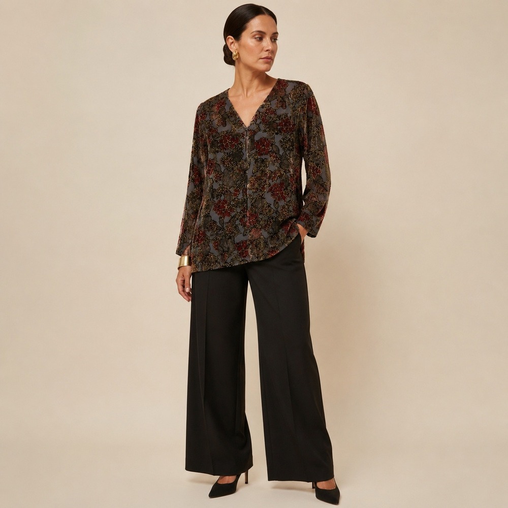 Robert Louis Silk Velvet Burnout Sheer Jacket Floral Black Burgundy‎ Gold L